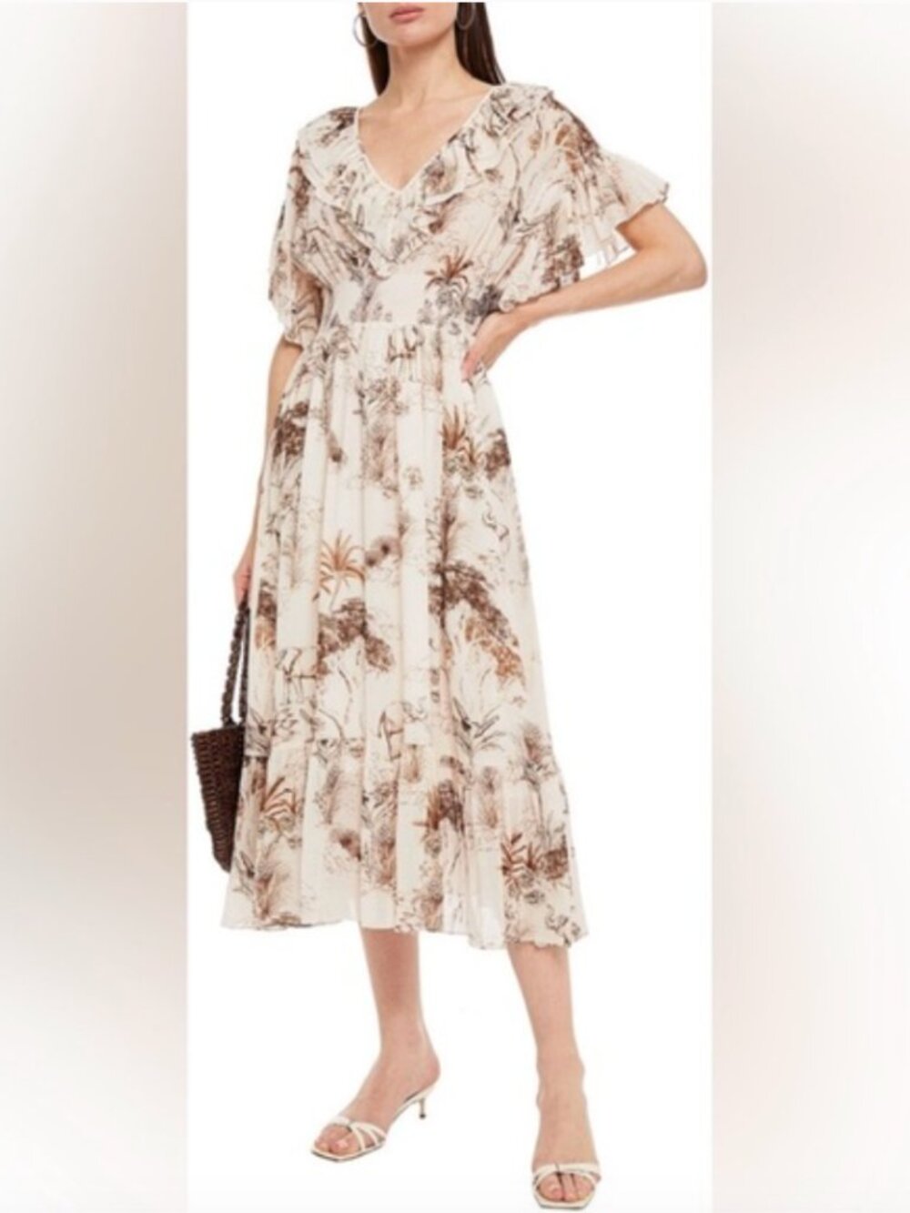 NWT! SANDRO Natural Marro Ruffled Elephant Tree Print Gauze Midi Dress Size S